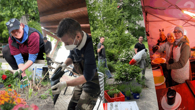 GESOBAU-Mitarbeitende beim Ausüben ihres sozialen Engagements: Gärtnern, Handwerkern und Essensausgabe in der Suppenküche).
