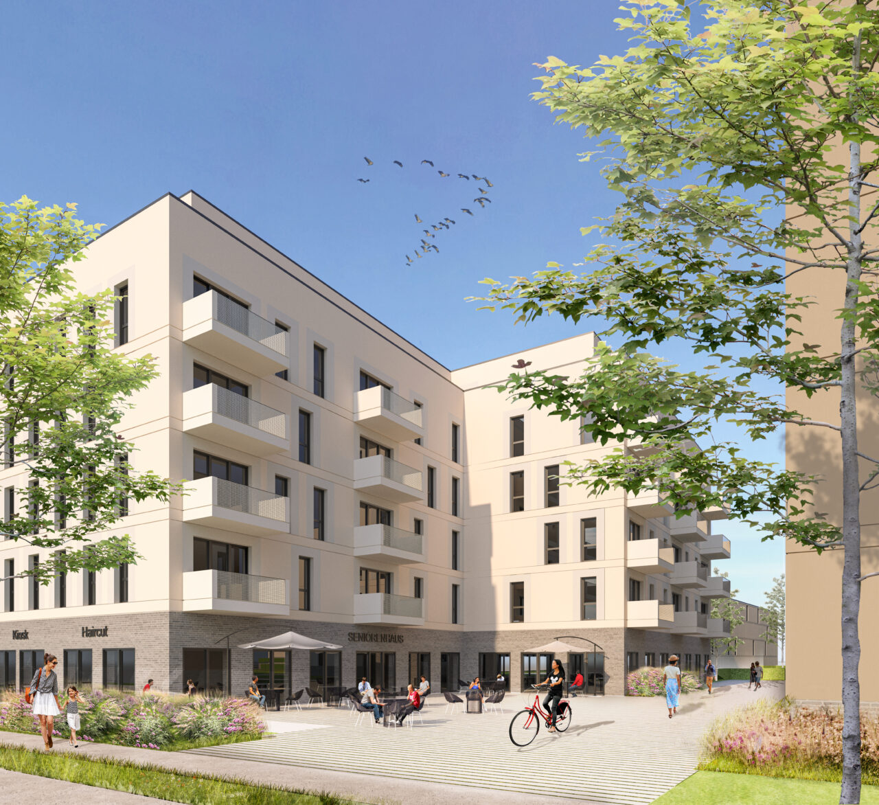 Menschen sind unterwegs im Areal Beate-Hahn- / Marianne-Foerster-Straße